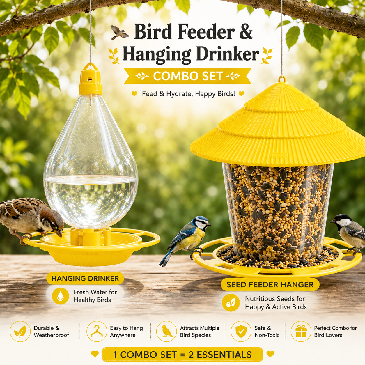 Bird Feeder &amp; Hanging Drinker Combo Set (2-in-1)