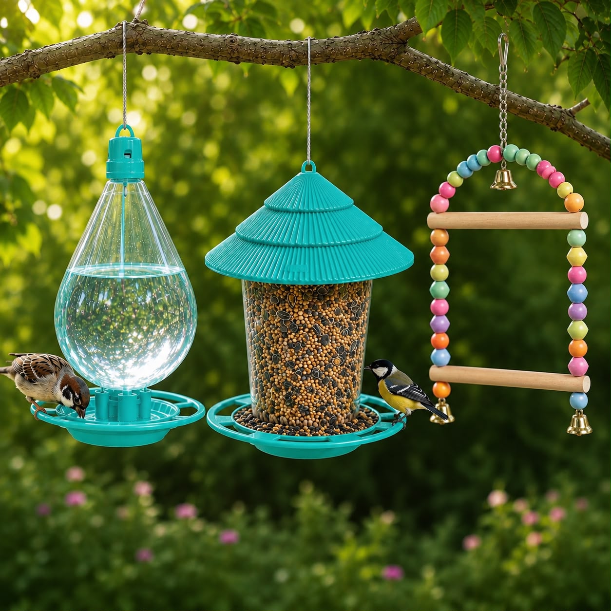 Birds Hanging Feeder & Drinker + Rainbow Toy