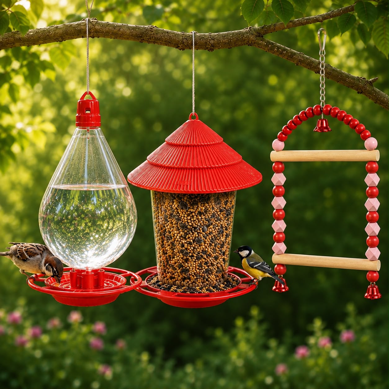 Birds Hanging Feeder & Drinker + Rainbow Toy