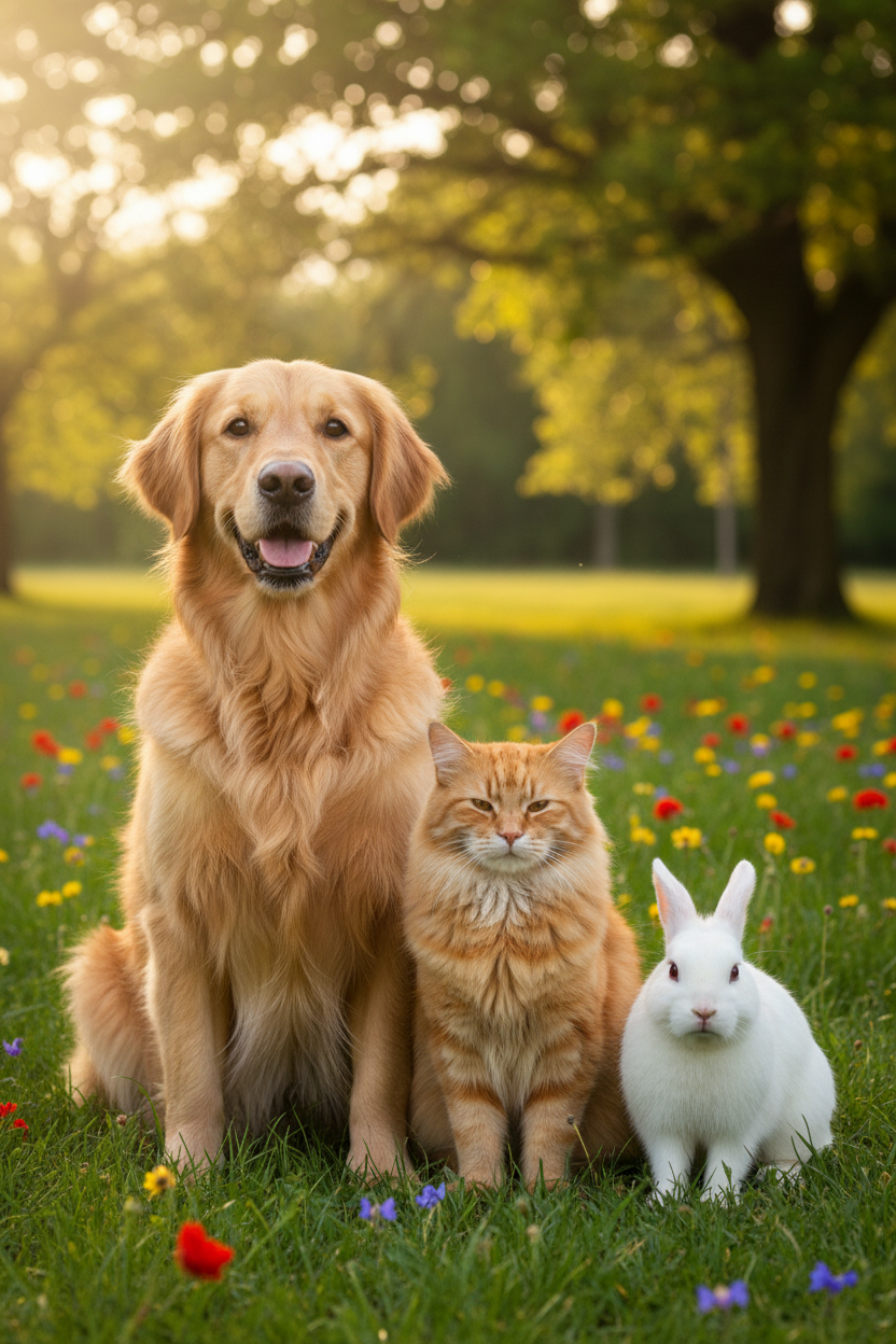 create a portrait image of dogs cats and rabbits in one frame with nature background