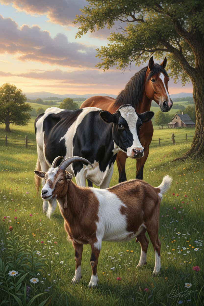 create a portrait image of goats cows and horses in one image