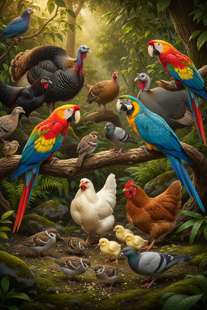 create a portrait image of parrots sparrows pigeons hens poultry chicks in one frame