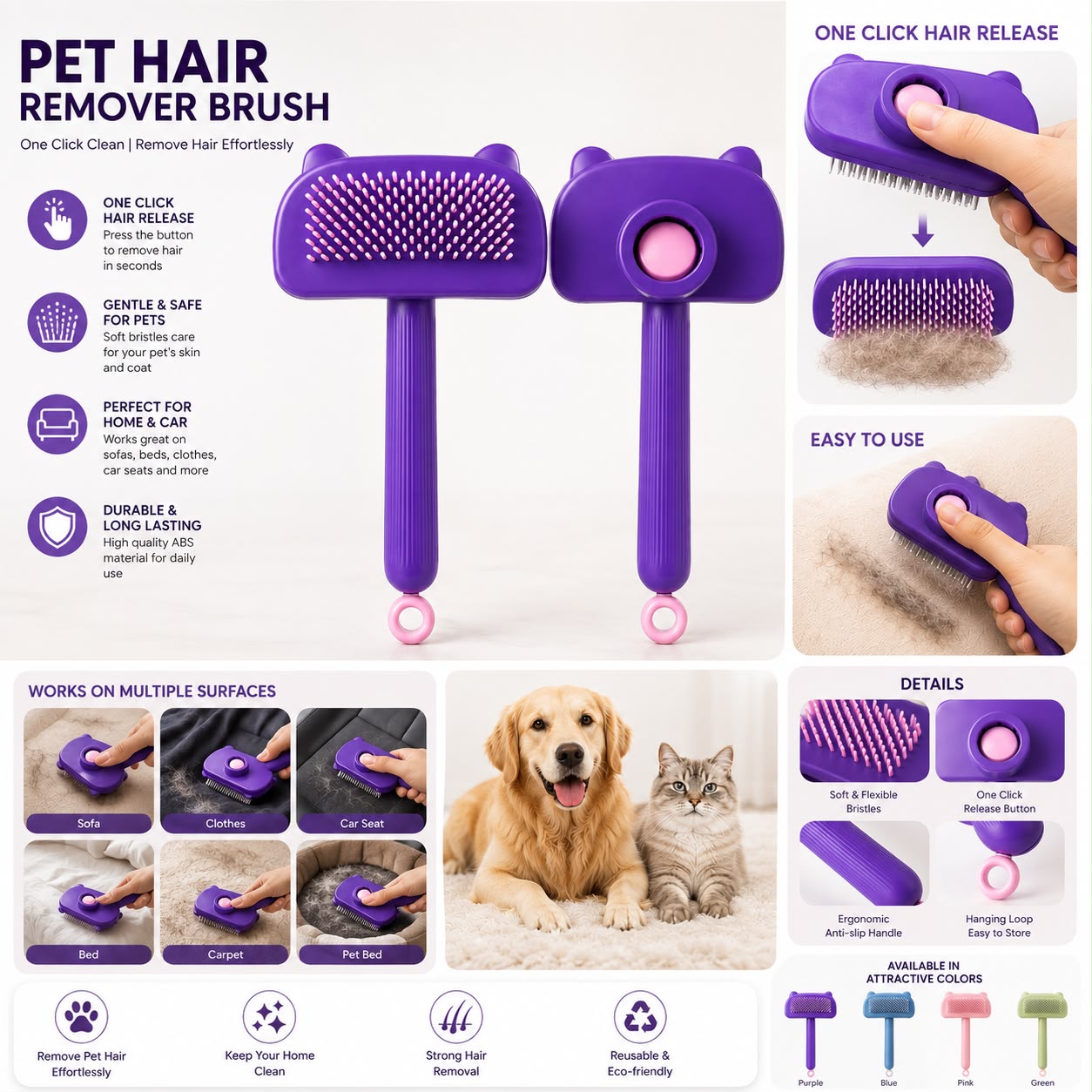One-Click Self-Cleaning Pet Hair Remover Brush